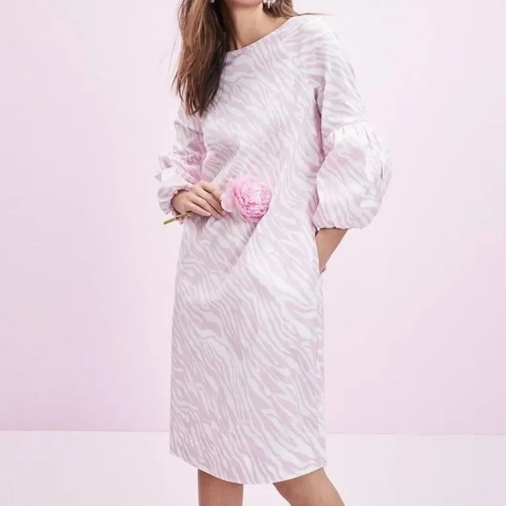 Chico's Dress Pink Zebra Print Ballon Sleeve Midi Dress Poplin Stretch NEW - Picture 16 of 16